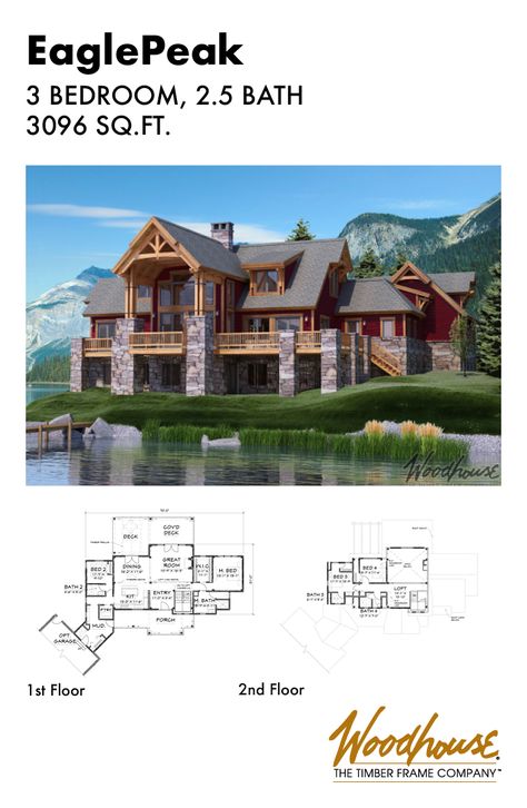 Check out our Misty Mountain home plan. With 3 bedrooms and 3 bathrooms, this stunning home would stand it's ground at the base of a mountain. 3 Bedroom Mountain House Plans, Mountain Lodge House Plans, Mountain Home Plans, Mountain Home Floor Plans, Timber Frame Home Plans, Snowy Escape, Rustic Mountain Homes, Log Cabin Plans, Timber Frame House