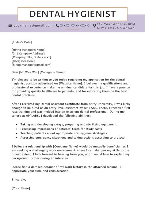 Dental Hygienist Cover Letter Example | Resume Genius Cover Letter Example Templates, Dental Hygienist Resume, Shiny Teeth, Registered Dental Hygienist, Good Resume Examples, Career Coaching, Creative Bookmarks, Cover Letter Example, Cover Letters