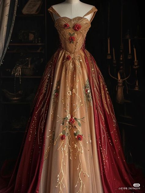 Red Gown Princess, Red Midevil Dresses, Mother Gothel Inspired Dress, Yule Ball Dress Ideas Gryffindor, Beauty And The Beast Inspired Dress, Gold And Red Wedding Dress, Masquerade Ball Dress Ideas, Princess Ball Gowns Red, Gryffindor Gown