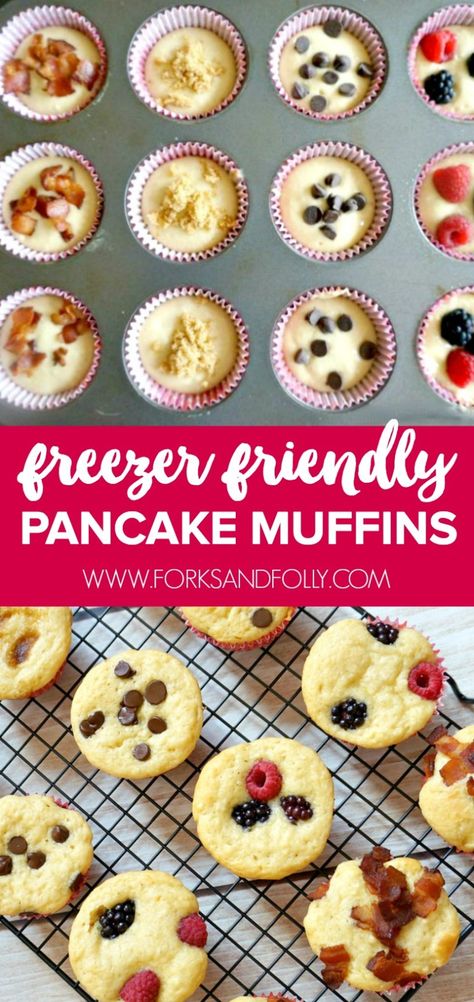 Freezer-Friendly Pancake Muffins Recipe - Forks and Folly Freezable Egg Muffins Healthy, Premade Freezer Breakfast, Freezer Mini Pancakes, Freezer Breakfast Pastries, Make Ahead Pancake Muffins, Freezer Mini Muffins, Freezer Pancake Muffins, Freezer Friendly Muffins, Freezable Pancakes