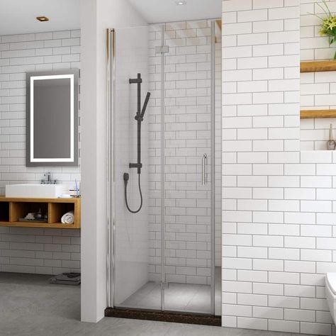 Makes your shower room looks simple and more generous. You can swing glass panel to 180° easily to get a wide walk-in range. Meanwhile, both left and right installation reversible also. The hinged bi-fold Glass Shower Tub, Semi Frameless Shower Doors, Framed Shower Door, Glass Shower Doors Frameless, Glass Shower Door, Bathtub Doors, Small Showers, Tub Doors, Frameless Shower Doors