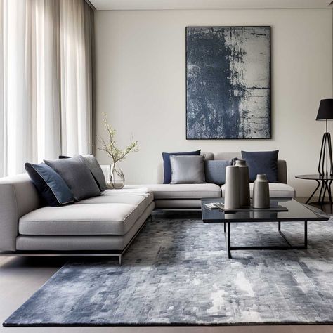 7+ Grey and Blue Living Room Ideas That Embrace Color and Texture • 333+ Images • [ArtFacade] Bright Grey Living Room, Grey Color Interior, Light Blue Walls Living Room Gray Couch, Grey Carpets For Living Room, Slate Blue Interior Design, Blue Black And Grey Living Room, Grey Sofa Wall Art, Light Blue Carpet Living Room, Navy Blue And Beige Living Room Decor