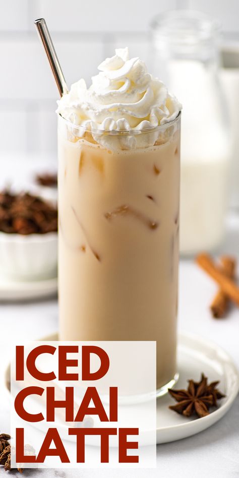 This quick and refreshing iced chai tea latte can be made with just 4 ingredients in about 5 minutes. Chai Tea Frappe, Chi Tea Latte Iced Starbucks, Iced Chia Recipe, Cold Beverages Recipes, How To Make A Iced Chai Tea Latte, How To Make Chia Tea Latte, Iced English Tea Latte, Cold Chai Tea Latte, Chai Recipe Tea