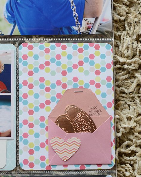 very cute. but since we "frame" our smashed pennies maybe i can do a rubbing of them to add. Smashed Pennies, Disney Project Life, Project Life Album, Project Life Scrapbook, Project Life Layouts, Project Life Cards, Disney Scrapbook, Disney Crafts, Travel Scrapbook