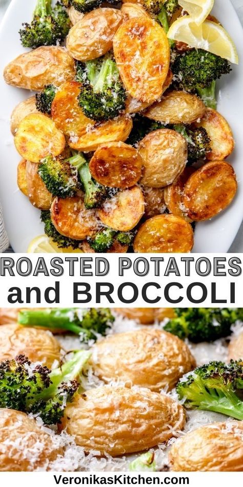 Roasted baby potatoes and broccoli, topped with grated Parmesan cheese. Cheesy Broccoli And Potatoes, Baked Potato And Broccoli, Oven Roasted Potatoes And Broccoli, Baked Potatoes And Broccoli In Oven, Broccoli And Potatoes Recipes, Potatoes And Broccoli Recipes, Brocoli Potato, Broccoli And Potato Recipes, Potato And Broccoli Recipes