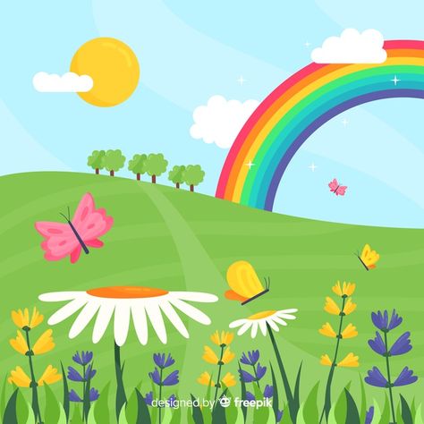 Rainbow field spring background Free Vector | Free Vector #Freepik #vector #freebackground #freeflower #freefloral #freeflowers Spring Cartoon, Spring Vector, School Study Ideas, Dramatic Play Preschool, School Wall Art, Background Flower, Spring Clipart, Spring Background, Moms Crafts