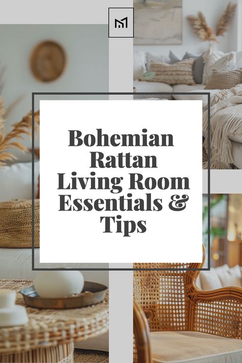 Elevate your living space with Rattan Revival, incorporating rattan furniture for a touch of bohemian charm. Pair a rattan coffee table with a cozy, floor-level sofa, and add woven baskets for storage. Soften with plush cushions and throw blankets, completing the look with potted plants for a natural, airy feel. Grey And Rattan Living Room, Decorating With Rattan Furniture, Rattan Living Room Decorating Ideas, Rattan Sofa Living Room, Rattan Living Room, Modern Bohemian Living Room, Boho Couches, Cozy Eclectic, My Essentials