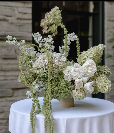 Harlow Floral Arrangement, Modern Hydrangea Arrangements, Green Hydrangea Arrangements, Long Wedding Centerpieces, Large Floral Arrangements Wedding, Whimsical Wedding Florals, Wedding Floral Arrangements Ceremony, White Flower Arrangements Wedding, Green Hydrangea Centerpiece