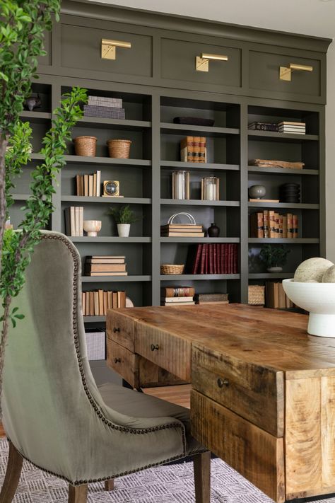 Historic Home Office Design, Home Office Bookcase Styling, European Farmhouse Home Office, Home Office With Brick Wall, Home Studies, Office With Bookcases, English Home Office, Office With Built In Bookshelves, Big Home Office