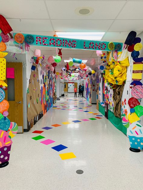 Fair Theme Decorations, Circus Book Fair Theme, Candy Homecoming Theme, Intervention Classroom Bulletin Boards, Read A Thon Decorations, Candy Land Literacy Night, Candy Land Board Game Decorations, Candyland School Decorations, Candyland Literacy Night