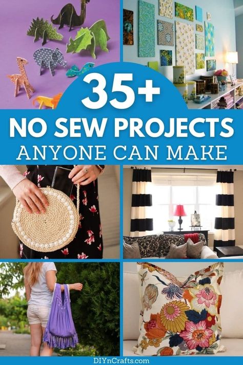 This no-sew DIY projects list has something for everyone! Easy steps and no sewing involved means making bags, pillows, and more simple! This list includes no sew hair bows, no sew bags, no sew toys, no sew curtains, and even no sew pillows! #NoSew #NoSewCrafts #EasyCrafts #NoSewProject #DIYNoSew No Sew Projects, Syprosjekter For Nybegynnere, Fabric Crafts Diy, Sew Projects, Diy Fabric Crafts, Scrap Fabric Crafts, Scrap Fabric Projects, Upcycle Sewing, Sewing Pillows