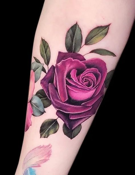 Pink And Purple Rose Tattoo, Purple Rose Tattoos For Women, Purple Flower Tattoo, Purple Rose Tattoo, Coloured Rose Tattoo, Shoe Tattoo, Purple Flower Tattoos, Portrait Tattoo Sleeve, Artistic Tattoos