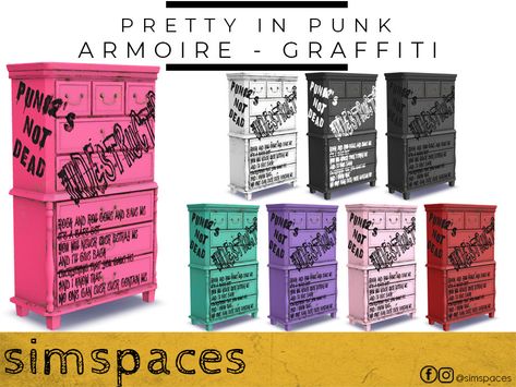 The Sims Resource - Pretty in Punk Armoire - graffiti Sims 4 Cc Furniture Punk, Sims 4 Cc Scene Furniture, Sims 4 Graffiti Cc, Grunge Sims 4 Cc Furniture, Sims 4 Emo Cc Furniture, Punk Room Decor, Alt Sims, Sims 4 Cc Goth, Graffiti Furniture