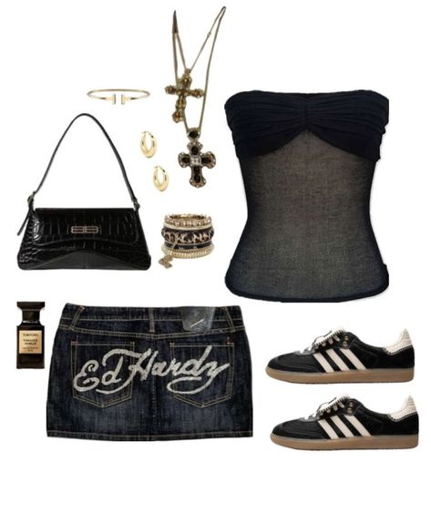 Ed Hardy Mini Skirt Outfit, Ed Hardy Outfit, Outfit Mood Board, Miniskirt Outfits, Y2k Outfits, Swaggy Outfits, Mini Purse, Ed Hardy, Cute Fits