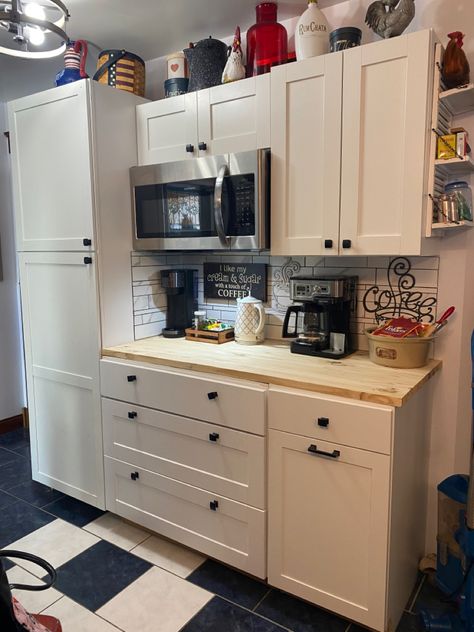 Microwave Cubby Ideas, Microwave And Coffee Station, Coffee Bar Pantry Cabinet, Coffee And Microwave Station, Coffee Bar With Microwave, Pantry Update, Coffee Bar Area, Kitchen Pics, Cubby Ideas