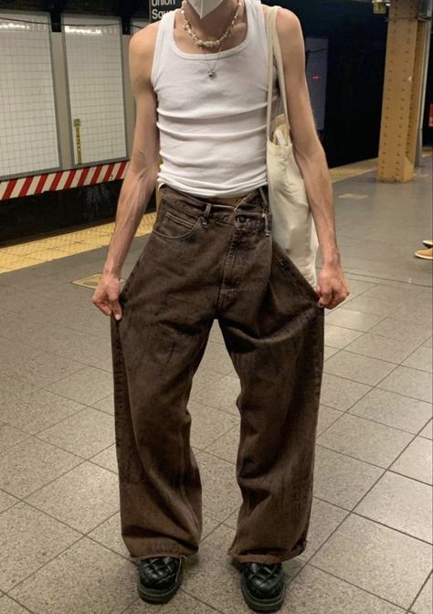 Minimalist Masc Outfit, Big Pants Small Shirt Men, Masc Tank Top Outfits, Small Top Big Pants Outfit, Takashi Murakami Pillow, Murakami Pillow, Big Pants Outfit, Boy Aesthetics, Aesthetics Tumblr