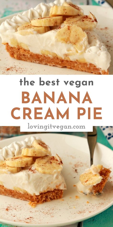 You will love this delicious vegan banana cream pie. It's set on top of a golden oreo cookie crust, layered with creamy pudding and sliced banana and topped with vegan whipped cream for the most delicious vegan dessert! | lovingitvegan.com Vegan Banana Cream Pie, Banana Cream Pie Recipe, Sliced Banana, Dessert Oreo, Golden Oreo, Vegan Whipped Cream, Oreo Cookie Crust, Creamy Pudding, Banana Slices