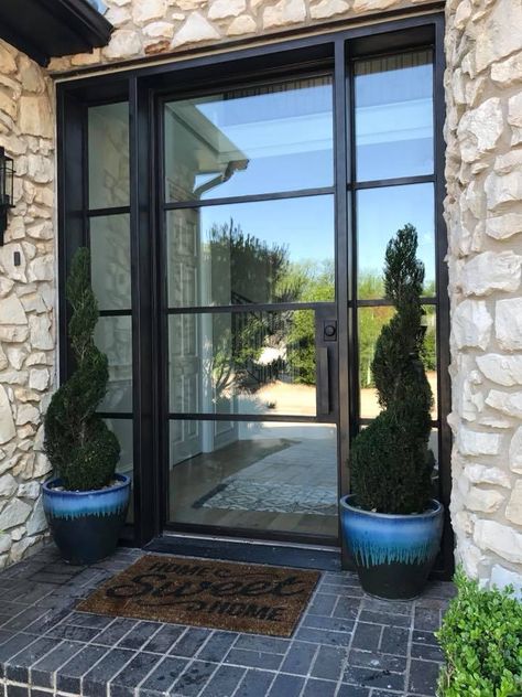 Metal Front Doors With Glass Panels, Smoked Glass Front Door, Glass Front Porch, French Doors Exterior Entrance, Industrial Front Doors, Lake House Front Door, Modern Door Designs, Modern Home Entrance, Glass Entrance Doors