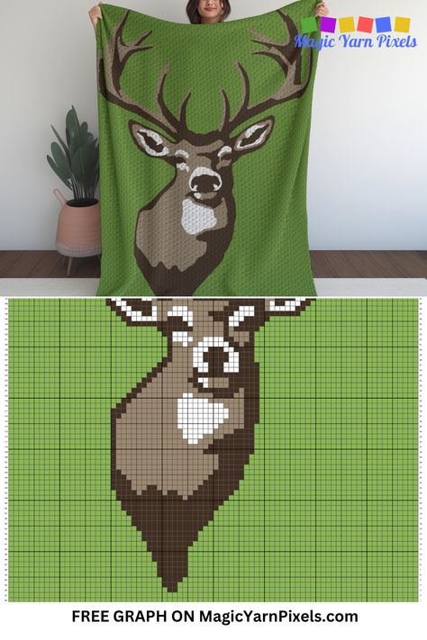 Are you looking for a new blanket design? Try my Whitetail Deer blanket design with a free C2C graph pattern. The finished size of your project depends on your technique, stitch, hook size, and yarn weight. Use this free crochet graph with different size yarns and hooks to crochet a variety of items. From double bed throws, to baby blankets, wall hangings, rugs and pillowcases, you can make them all with this graph. Deer Afghan Crochet Pattern Free, Deer Granny Square, Free Knitting Graph Patterns, Hunting Crochet Blanket, Crochet Deer Blanket Pattern Free, Crochet Picture Blanket, Crochet Blanket Ideas Granny Squares, C2c Patterns Graph, Free Graphgan Patterns