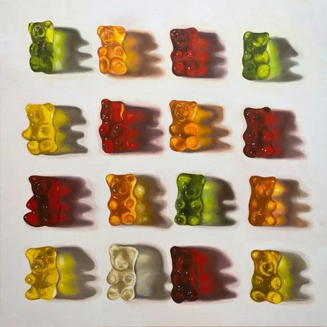 Ian Bertolucci on Instagram: "🔴SOLD When I was a kid, I felt guilty when I ate gummy bears. Somehow they were alive to me. Then I stopped eating them. I haven't eaten one for many years. Among all the things that surround me, food is one of those I pay more attention to in the last period. I've always had the habit of collecting and cataloging objects.. I believe that this aspect of my personality is becoming more and more present in my art. That being said, this painting is sold, but, keep an Person Eating, Art Terms, My Personality, Candy Art, Illusion Art, Hyperrealism, Realistic Art, Italian Artist, Gummy Bears