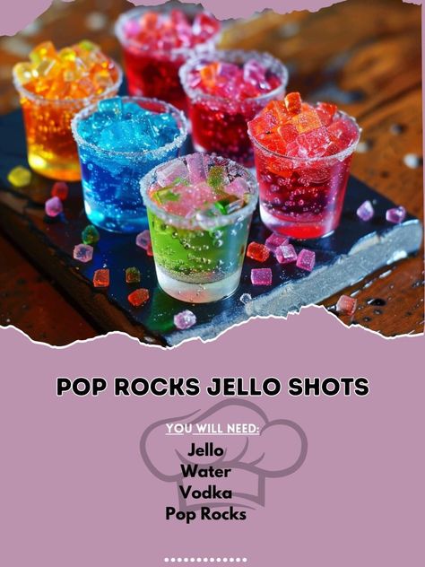 🎇 Electrify your party with POP ROCKS Jello Shots! Fun, fizzy, and fabulous! #PartyTime  🍽️ POP ROCKS Jello Shots  🛒 Ingredients:  Jello (any flavor): 1 packet Water: 1 cup (boiling), 1 cup (cold) Vodka: 1 cup Pop Rocks: several packets 👩‍🍳 Instructions:  Dissolve: Jello in boiling water, stir in cold water and vodka. Pour: Into shot cups. Chill: Refrigerate until set. Top: Sprinkle Pop Rocks on top before serving. 🌟 Spark up your celebrations with these explosive shots! Guaranteed to pop at any party! 🎉💥 #FunDrinks #JelloShots ￼ Pop Rocks Jello Shot Recipes, Pop Rock Jello Shots, Pop Rocks Jello Shots, Alcohol Snacks, Pop Rocks Candy, Jello Pudding Shots, Halloween Jello Shots, Boozy Treats, February Quotes