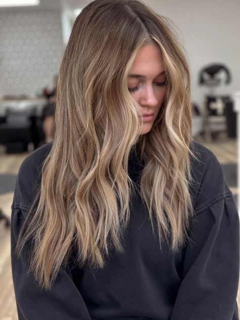 Warm blonde balayage Full Balayage Honey Blonde, Balayage, Hazelnut Blonde Balayage, Partial Balayage For Light Brown Hair, Sand Bronde Balayage, Brunette With Light Brown Money Piece, Light Brown Base Balayage, Blonde Neutral Skin Tone, Ash Brown Hair With Blonde Balayage