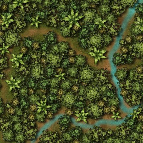 Top-view jungle based small-scale map for tabletop games such as D&D. Enjoy! Dnd Jungle Map, Jungle Battlemap, Dnd Jungle, Jungle Map, Travel Overseas, Dnd World Map, Scale Map, Dnd Ideas, Fantasy Maps