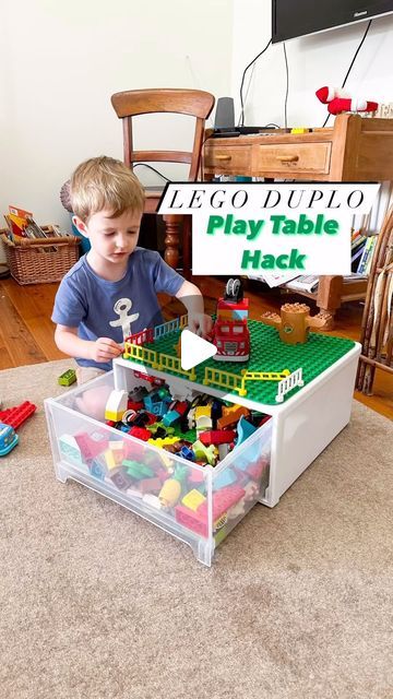 Jana - play, craft, DIY & playroom inspiration, UGC Creator on Instagram: "This little Duplo play table with storage space is one of my favourite travel hacks.  It’s super easy, super practical, and all you need is a Kmart storage drawer, a Duplo baseplate, and some velcro dots! After removing the sticker with the help of my hairdryer (another great hack ;), I popped the velcro dots on the drawer and then the Duplo baseplate on top. This drawer fits a fair amount of blocks and gives the kids an allocated spot to play with their Duplo. It’s also perfect for cleaning up so you don’t step on the Duplo blocks once the kids are in bed.  You can easily take the baseplate off the table if you like, just make sure to add the rough velcro dots on the table and the soft ones on the plate so the base Duplo Play Table, Duplo Play Ideas, Lego Duplo Storage Ideas, Diy Duplo Lego Table, Duplo Lego Table, Lego Duplo Organization, Duplo Organization Ideas, Lego Table Diy Storage, Duplo Table Diy