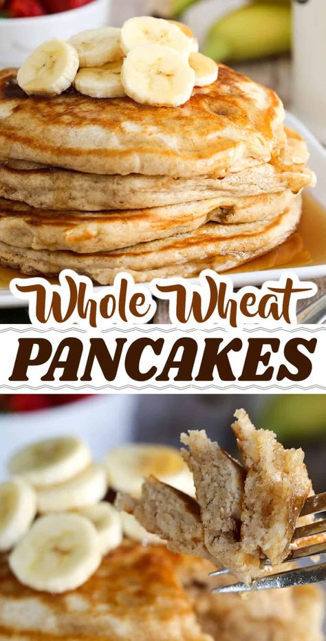 This is the best Whole Wheat Pancakes recipe - delicious and fluffy with irresistible vanilla and cinnamon. Also, it's a healthy option thanks to whole wheat flour. Trust me, you'll never make regular pancakes again Meteranian Diet, Whole Wheat Flour Pancakes, Pancake Recipe Healthy, Pancake Recipe Healthy Oatmeal, Wheat Flour Pancakes, Dorm Recipes, Wheat Pancake Recipe, Wheat Flour Recipes, Fluffy Pancake Recipe