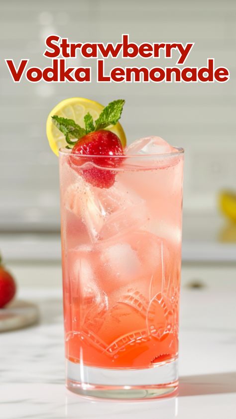 This Strawberry Vodka Lemonade Cocktail blends fresh strawberries with lemonade and vodka for a refreshing, smooth drink. Perfect for summer, it’s best served chilled with ice, garnished with lemon slices and optional mint leaves.  #strawberryvodkalemonade via @mybartender Strawberry Vodka Drinks, Strawberry Vodka Lemonade, Strawberry Alcohol Drinks, Lemonade And Vodka, Alcoholic Lemonade Drinks, Strawberry Lemonade Cocktail, Lemon Vodka Drinks, Vodka Sour Recipe, Vodka Drinks Easy