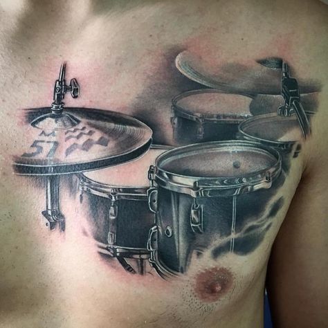 Realistic drum set black and grey by Yarda: TattooNOW : Music Tattoos, Drum Set Tattoo, Drummer Tattoo, Musician Tattoo, Drum Tattoo, Set Tattoo, Music Tattoo Designs, Music Tattoo, Symbolic Tattoos