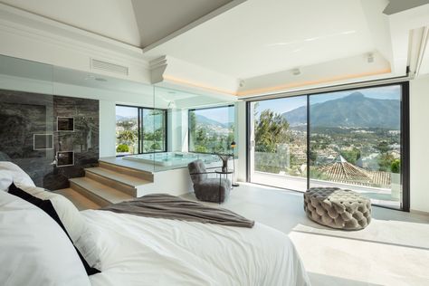 Master Bedroom with Jacuzzi and Mountain Views Bedroom With Jacuzzi Master Bathrooms, Bedroom With Jacuzzi, Modern Glass House, Bedroom With Bathroom, Bedroom Ensuite, Suite Bathroom, Open Living Area, Master Room, Walk In Wardrobe