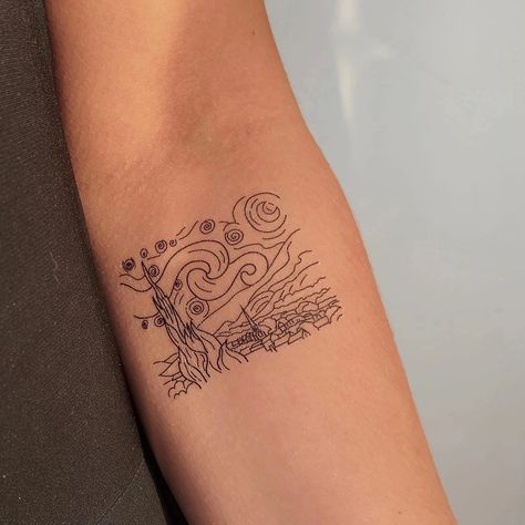 Bittersweet Tattoo Words, Linguistic Tattoo, Minimalist Bicep Tattoo, Art Themed Tattoos, Art Lover Tattoo, Famous Painting Tattoos, Tattoo About Art, Art Related Tattoos, Tattoo Ideas Inner Arm