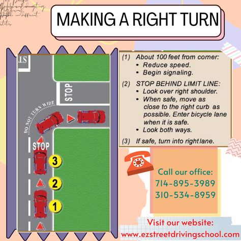 Basic Driving 101: Let's learn how to make a right turn 👉➡️🚦🚙🛣 These right turn techniques are guaranteed to be asked on your driving test ✅🚗 Visit our website now!💻 www.ezstreetdrivingschool.com Call Our Offices☀️ Orange County🍊: (714)895-3989 South Bay Area⛵️: (310)534-8959 Road Test Tips, Learning How To Drive, Practice Driving Test, Driving For Beginners, Driving Essentials, Drivers Training, Drivers Permit Test, Driving Tips For Beginners, Learning To Drive Tips