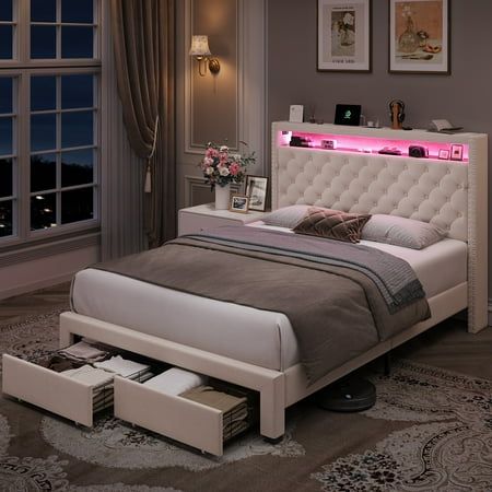 Homfa - Create a comfortable life! Homfa queen LED bed frame has a multifunctional headboard, which equipped with storage space and outlets & USB Port. Wrapped with white soft skin-friendly velvet fabric, the well filled headboard will give your back a comfortable support, getting you rid of all day's tiring. The LED lights, embedded in the headboard of this Homfa queen storage bed frame, could flash in sync with music beats in the smart music activation mode and change over 6,000 colours, brigh Bed Frame White Fabric, Girly Bed Frames Head Boards, Room Inspo King Bed, Bed Frame With Headboard And Footboard, Baddie Bed Frame, King Size Bed Frame With Headboard, White Bed With Storage, Cute Headboards For Beds, Minimalist Bedroom Beds & Frames