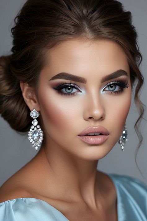 Wedding Makeup With Blue Eyeshadow, Makeup With A Silver Dress, Makeup Looks Light Blue Dress, Blue Eyes Prom Makeup, Cinderella Eyeshadow Looks, Prom Makeup Looks Blue Dress, Makeup With Hint Of Blue, Makeup Ideas With Blue Eyeshadow, Pretty Prom Makeup For Blue Eyes