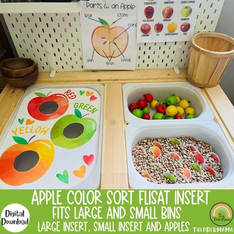 Table Insert Ideas, Sensory Table For One Year Old, Fall Flisat Table, Sensory Table Inserts, Birthday Sensory Table, Diy Flisat Insert, Apple Sensory Bin Preschool, Fall Sensory Bin Toddlers, Bear Theme Activities