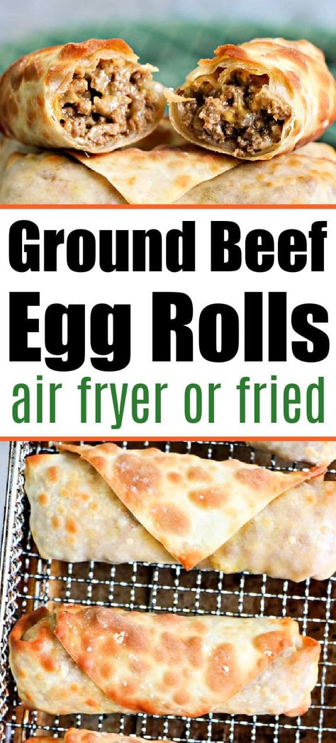 Ground beef egg rolls are cheap and can be fried or cooked in your air fryer too! Add cheese for an ooey gooey cheeseburger egg roll meal too. #cheeseburgereggrolls #eggrolls #airfryereggrolls #groundbeefeggrolls Ground Beef Egg Rolls Air Fryer, Air Fryer Ground Beef Recipes, Ground Beef Egg Rolls, Beef Egg Rolls, Cheeseburger Egg Rolls, Hamburger Rolls, Airfryer Recipes, Egg Roll Recipes, One Dish Dinners