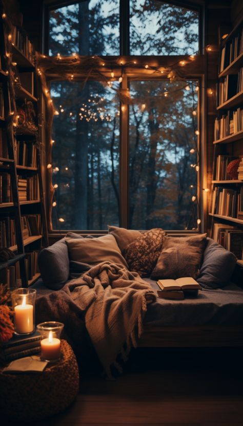 Moody Reading Nook, Reading Cabin, Earthy Living Rooms, Tan Flooring, Window Nooks, Library Den, Cosy Reading Nook, Moody Rustic, Earthy Living Room