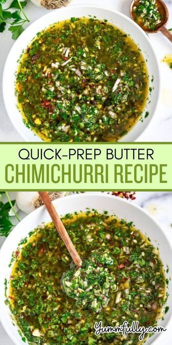 Upgrade any meal to gourmet quality by adding a dollop of this amazingly Easy Chimichurri recipe! Fresh, zesty, and bold flavors make for the best marinade or sauce. Chimichurri transforms any protein or veggie dish into a unique meal! Garlic Chimichurri Sauce, Chimichurri Sauce Easy, Chimichurri Rice Recipe, Canning Chimichurri Sauce, Easy Chimichurri Recipe, Chimichurri Meals, Chimichurri Butter Recipes, Chimichurri Sauce Steak, Chicken Chimichurri Recipes