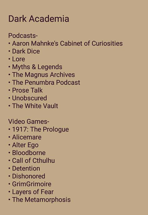 Dark Academia Video Games, Society Names Ideas, Chaotic Academia Activities, Dark Academia Podcast, Dark Academia Things To Research, Dark Academia Personality, Dark Academia Last Names, Dark Academia Aesthetic Makeup, Academia Activities