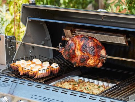 Grilled Rotisserie Turkey with Stuffing Recipe | Food Network Kitchen | Food Network Rotisserie Turkey On The Grill, Turkey With Stuffing, Rotisserie Recipes, Rotisserie Turkey, Fall Yummies, Best Thanksgiving Turkey Recipe, Grilled Recipes, Sunny Anderson, Rotisserie Grill