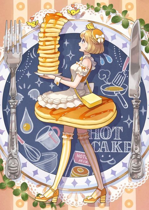 Food People Art, Food Personification, Food Gijinka, Anime Breakfast, Anime Food Art, Breakfast Dress, Breakfast Princess, Princess Dress Drawing, Manga Food