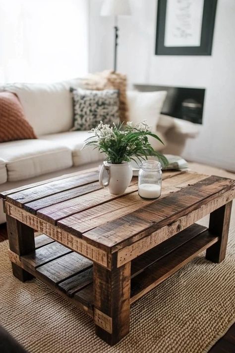 "Transform reclaimed pallets into a beautiful DIY Coffee Table! 🛠️☕ Ideal for adding a handmade, rustic touch to your decor. 🌿✨ #DIYHome #PalletCrafts #TableDesign" Pallet Coffee Tables, Pallet Coffee Table Diy, Pallet Wood Coffee Table, Coffee Table Rustic, Handmade Coffee Table, Reclaimed Pallets, Pallet Crafts, Diy Coffee Table, Wood Coffee Table