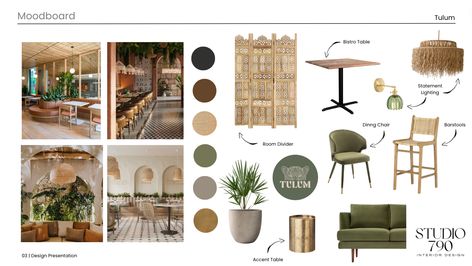 Bienvenidos a Tulum, W Miami's New Rooftop Bar & Restaurant Tropical Modern Moodboard, Restaurant Interior Design Mood Board, Boho Restaurant Interior Design, Bar Mood Board, Tropical Bar Design, Restaurant Mood Board, Boho Style Restaurant, Restaurant Moodboard, Tropical Restaurant