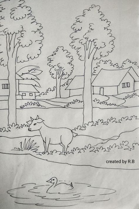 Village Simple Drawing, Village Scene Drawing Easy, Village Drawing Easy, Village Drawing Landscapes, Village Scene Drawing, Scenery Drawing For Kids, Village Scenery, Village Drawing, Super Coloring Pages