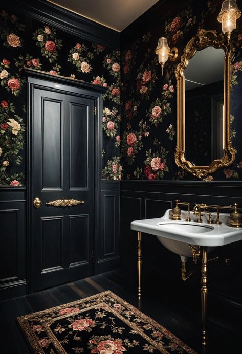 22 Moody Bathroom Designs to Inspire Your Remodel 67 Gothic Bathroom Wallpaper, Elegant Gothic Home Decor, Romantic Gothic Bathroom, Dark Victorian Homes Interior, Gothic Powder Room, Gothic Half Bath, Speakeasy Bathroom Ideas, Dark Gothic Bathroom, Victorian Powder Room Ideas