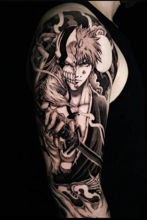 Bleach Hand Tattoo, Anime Arm Tattoo Sleeve, Bleach Ichigo Tattoo Ideas, Japanese Tradional Tattoo, Bleach Sleeve Tattoo, Bleach Tatoos Ideas, Ichigo Tattoo Design, Ichigo Mask Tattoo, Best Anime Tattoos For Men