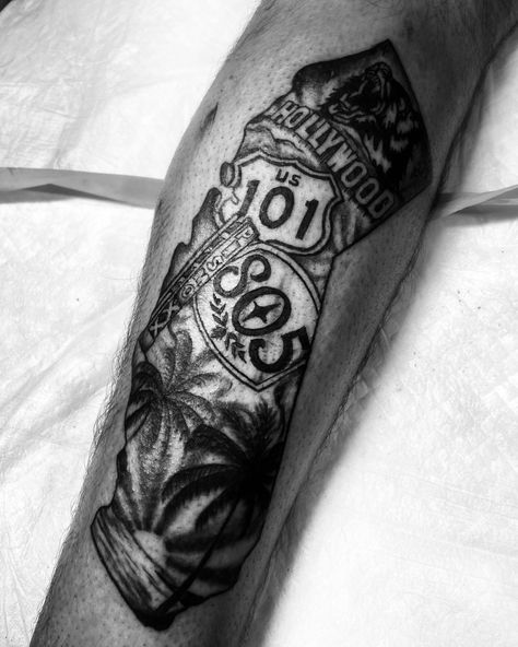 Cali Tattoo Ideas For Men, California Leg Sleeve Tattoo, California Love Tattoo, 805 Tattoo, Cali Tattoo Ideas, California State Tattoos, California Tattoo Ideas, California Bear Tattoos, Cali Tattoo