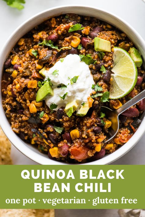 looking down at a bowl of black bean and quinoa chili with a dollop of sour cream and a lime wedge on top. Black Bean Quinoa Chili, Black Bean And Quinoa, Vegan Weeknight Meals, Chili Recipe With Black Beans, Chili Recipe Healthy, Isabel Eats, Chili Beans, Healthy Chili, Quinoa Chili